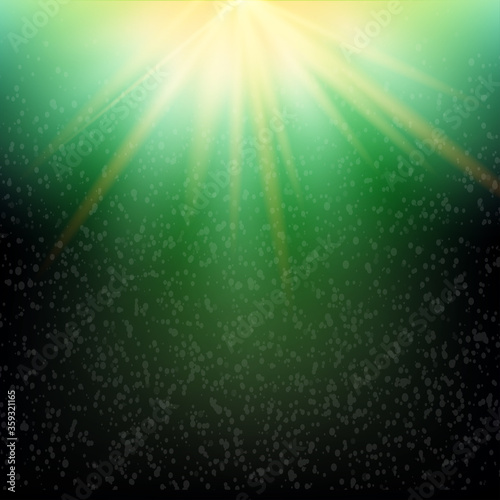 Shining sun in a deep sea underwater with bubbles. Vector illustration