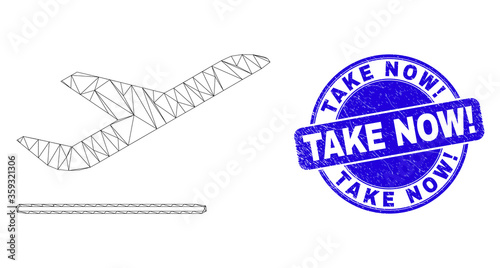 Web mesh airplane departure pictogram and Take Now! seal stamp. Blue vector rounded textured seal stamp with Take Now! phrase.