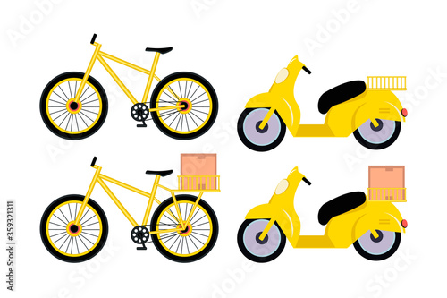 Yellow bike and moped with a drawer in a basket and without on white background. Set of delivery vehicles. Bike scooter delivery concept. Vector illustration.