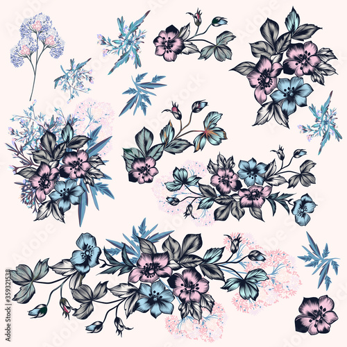 Collection of vector hand drawn flowers in vintage style