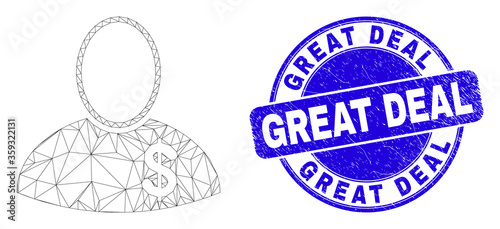 Web mesh banker pictogram and Great Deal seal stamp. Blue vector round distress seal stamp with Great Deal title. Abstract carcass mesh polygonal model created from banker pictogram.