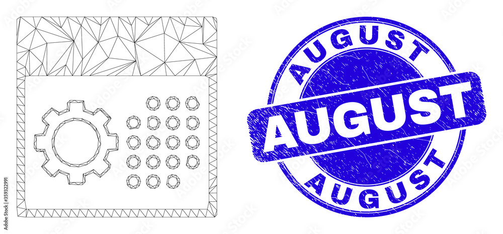 Web carcass calendar settings pictogram and August stamp. Blue vector rounded grunge stamp with August title. Abstract carcass mesh polygonal model created from calendar settings icon.