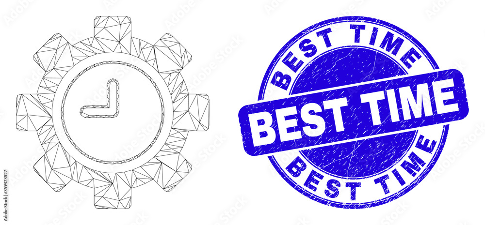 Web carcass clock settings gear pictogram and Best Time seal. Blue vector rounded textured seal with Best Time caption.
