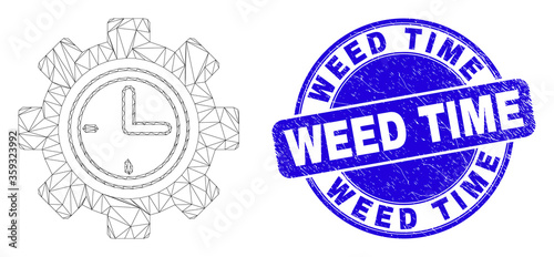 Web carcass clock setup wheel pictogram and Weed Time watermark. Blue vector round distress watermark with Weed Time text.
