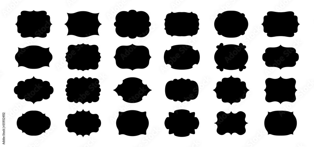 Label frames set. Royal wedding sticker tag. Decorative vintage empty curly frame collection. Black silhouette, various shape figured banner. Isolated vector illustration