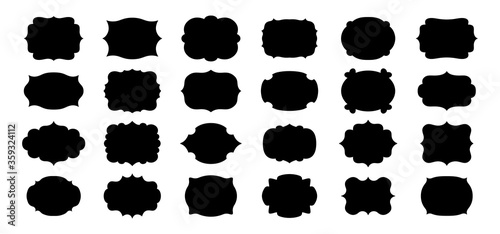 Label frames set. Royal wedding sticker tag. Decorative vintage empty curly frame collection. Black silhouette, various shape figured banner. Isolated vector illustration