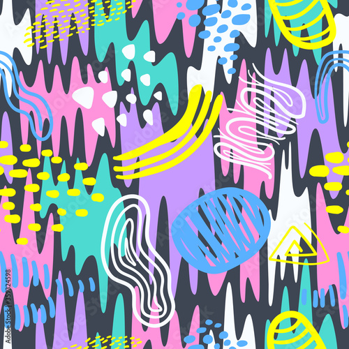 vector doodle colorful freeform shape and lines overlap seamless pattern on dark grey
