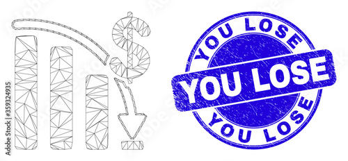 Web carcass crisis bar chart icon and You Lose seal stamp. Blue vector rounded grunge seal stamp with You Lose phrase. Abstract frame mesh polygonal model created from crisis bar chart pictogram.