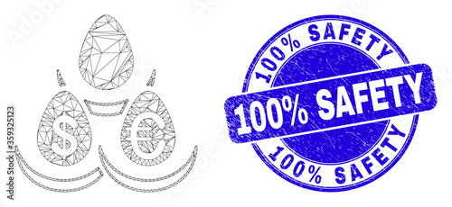 Web carcass currency deposit eggs icon and 100% Safety stamp. Blue vector round textured seal stamp with 100% Safety text.