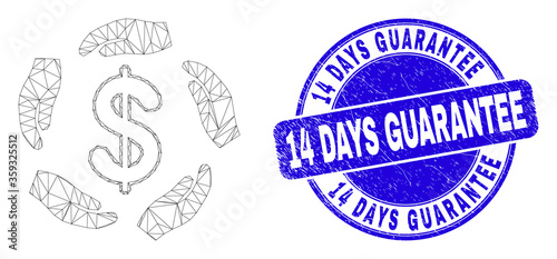Web carcass dollar care hands pictogram and 14 Days Guarantee stamp. Blue vector round grunge seal stamp with 14 Days Guarantee text.