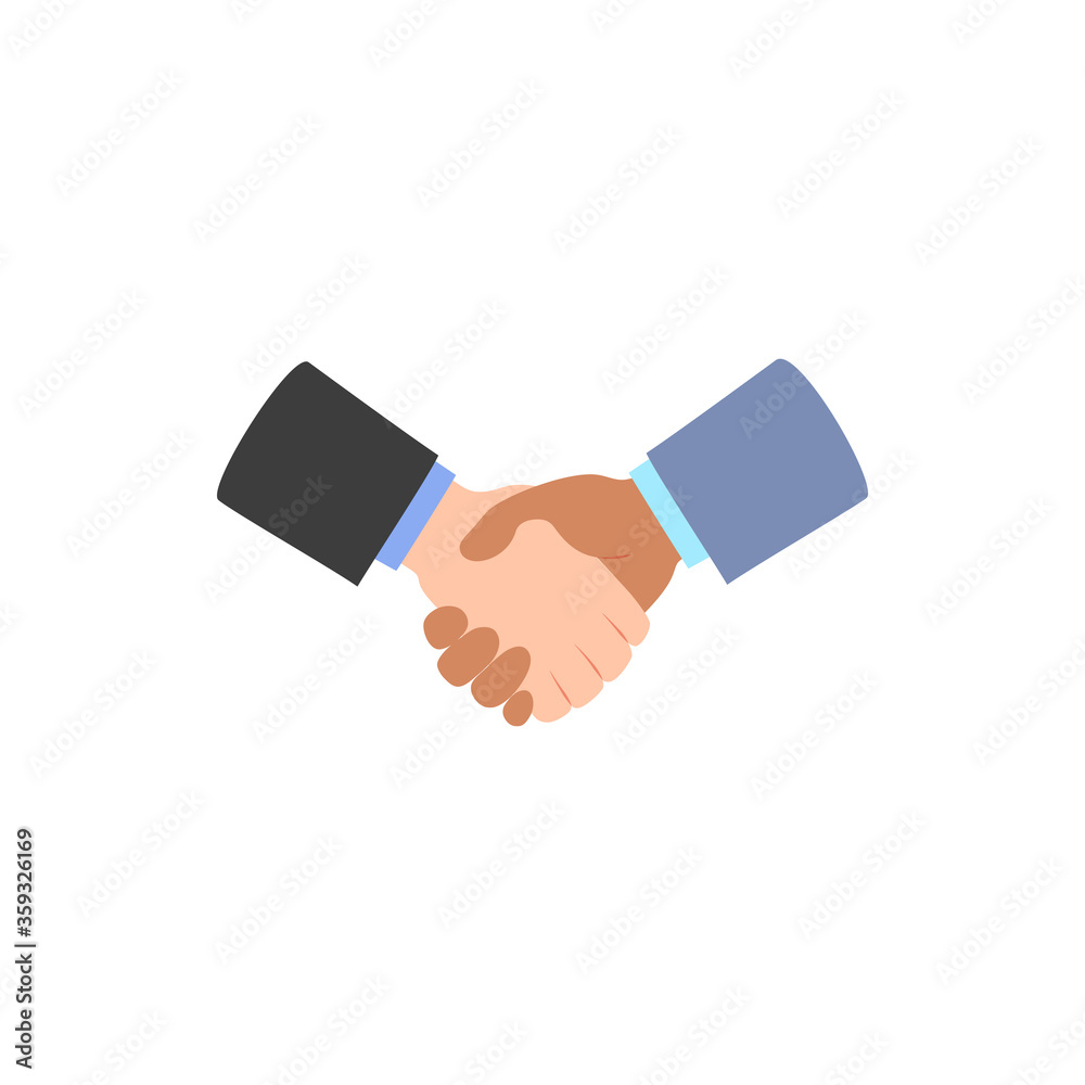 Handshake icon isolated on white. Deal agreement partnership symbol. White, black men shaking hands. Business partners greeting. Hand shake logo people friendship sign. Vector flat style illustration. Handshake icon isolated on white. Deal agreement partnership symbol. White, black men shaking hands. Business partners greeting. Hand shake logo people friendship sign. Vector flat style illustration.