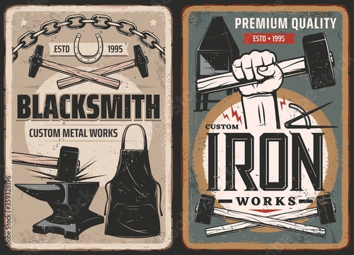 Blacksmith work, steel metal forge retro posters, vector retro posters. Blacksmith anvil and hammer in hand, metal forging industry, metalsmith furnace and foundry tools, horseshoes and iron chain
