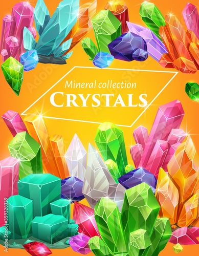 Crystal gem stones and rocks of quartz and diamonds, gemstones vector poster. Crystal gemstones and jewels ruby, sapphire and emerald, quartz glass and diamond, jewelry crystal rocks sparkling shine