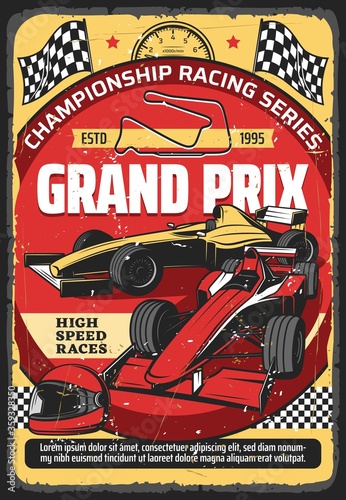 Slika na platnu Car races retro poster, vintage auto rally sport championship and Grand Prix tournament, vector