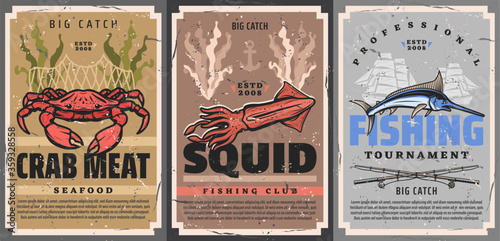 Fishing sport for crab, squid and marlin fish, big catch tournament vector retro vintage posters. Professional fishing, fishery rods and ship net for crabs, squids and ocean marlin