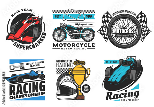 Racing and motorsport icons, motorcycle and car rally races, speedway and motocross vector emblems. Motor sport races club team, tournament cup, wheel, sportcar racetrack and finish flag signs