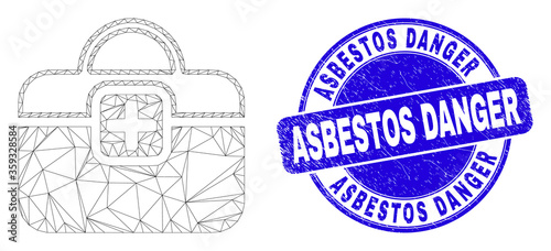 Web carcass first-aid case pictogram and Asbestos Danger seal. Blue vector rounded textured seal stamp with Asbestos Danger phrase.