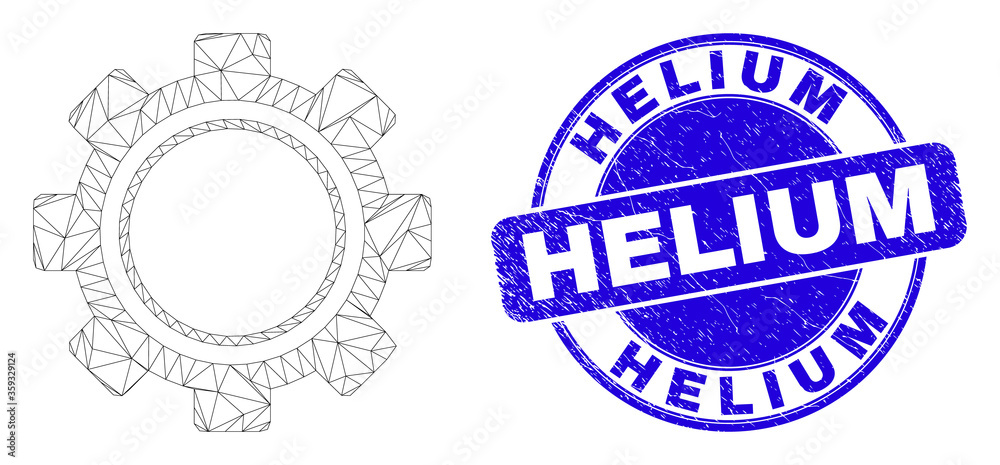 Web mesh gear icon and Helium watermark. Blue vector rounded distress watermark with Helium title. Abstract carcass mesh polygonal model created from gear icon.