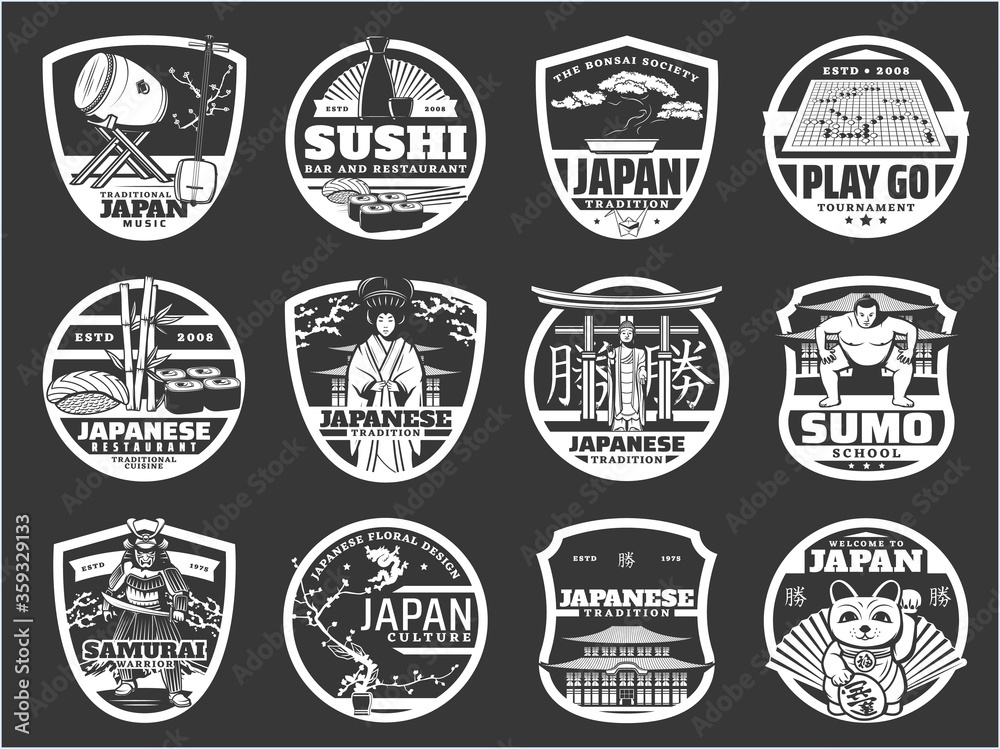 Japan religion, history and culture, Japanese sushi cuisine, travel landmarks vector icons. Japanese music instruments, temple architecture, sushi restaurant, samurai armor museum and sumo school