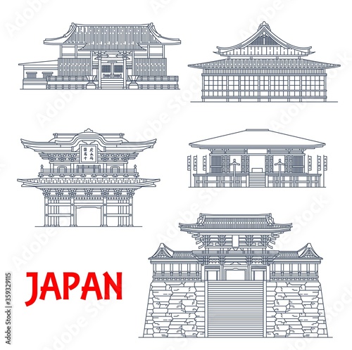 Japan temples, Japanese pagoda buildings, architecture landmarks and vector Buddhist shrines. Japan Kamakura Tokeiji, Takedera and Sugimotodera temple, Kenchoji Tsurugaoka and Hachimangu Shinto shrine