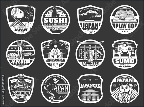 Japan religion, history and culture, Japanese sushi cuisine, travel landmarks vector icons. Japanese music instruments, temple architecture, sushi restaurant, samurai armor museum and sumo school