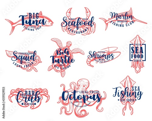 Seafood lettering, fishing club and fish market vector icons. Seafood restaurant, fishing tournament and fisher trip for octopus, squid and shrimp, turtle, tuna and marlin