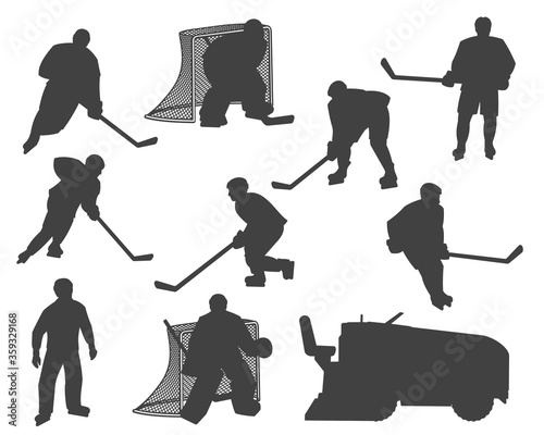 Ice hockey players silhouettes, ice rink arena resurfacer and referee, vector icons. Ice hockey team players goalkeeper, forward, winger and defenseman with puck and stick at goal gates