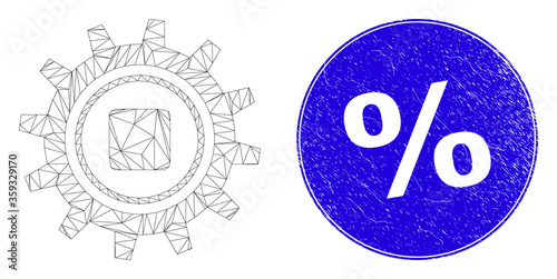 Web mesh gear pictogram and % watermark. Blue vector rounded grunge seal with % message. Abstract carcass mesh polygonal model created from gear pictogram.