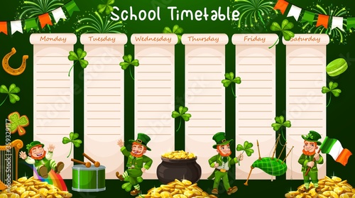 School timetable schedule, week table and student, calendar planner, vector lessons plan. School schedule, education week time table with St Patrick leprechaun, shamrock clover and Irish flags