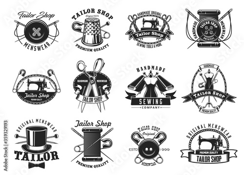 Tailor shop, atelier dressmaker sewing, vector needle icons. Handmade tailor shop labels with sewing machine, thread spool, scissors and pins, men headwear hat, buttons, measure tape and stitches