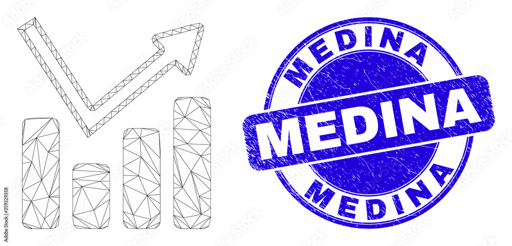 Web mesh graph chart icon and Medina seal stamp. Blue vector rounded distress seal stamp with Medina title. Abstract frame mesh polygonal model created from graph chart icon. Web mesh graph chart icon and Medina seal stamp. Blue vector rounded distress seal stamp with Medina title. Abstract frame mesh polygonal model created from graph chart icon.