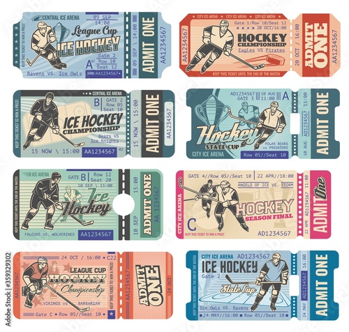 Ice hockey tickets, sport game tournament and championship cup, vector retro cards templates. Ice hockey admit tickets with hockey sticks, puck and players goalkeeper, forward and referee