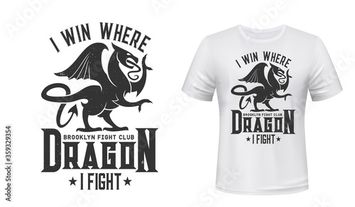Dragon t-shirt print mockup, fight club emblem. Brooklin fight club symbol of griffin or Gothic gryphon with wings and claws for t shirt print