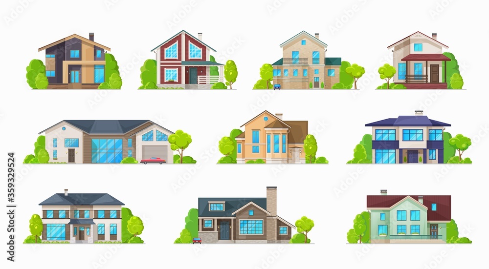 Home houses, villa bungalows and condominiums, real estate buildings vector icons. Private houses and residential architecture, mansion and family house, cottages and duplex apartments