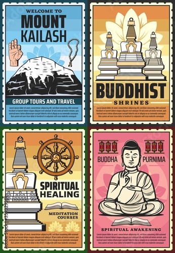 Buddhism religion posters, Buddhist temples and meditation, zen yoga spiritual awakening, vector. Tibet Buddha shrines worship travel to mount Kailash, Dharma wheel, lotus and Buddha Purnima symbols