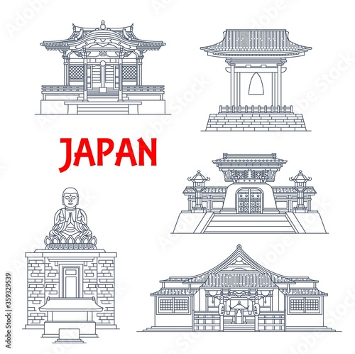 Japan buildings, Japanese temples, houses and pagoda towers, architecture landmarks of Kamakura. Bell and Buddha of Tennoji, Dayenji Tokyo temple and Taiyuin-byo mausoleum in Nikko