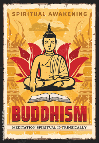 Buddhism poster, Buddha in meditation and dharma, enlighten, spiritual awakening, vector. Buddhist monk in lotus posture and mudra hand, Hinduism and Buddhism spiritual intrinsically and enlightenment