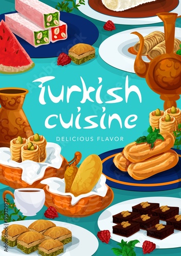 Turkish cuisine food menu desserts and sweets, vector, pastry baklava, delight lokum, vector confectionery. Turkey cafe patisserie desserts, Turkish traditional borek cigara and tavuk gogsu pudding