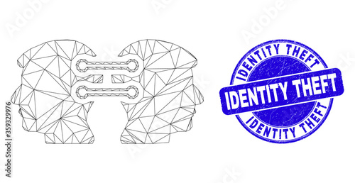 Web carcass head links integration pictogram and Identity Theft seal stamp. Blue vector round distress stamp with Identity Theft title.