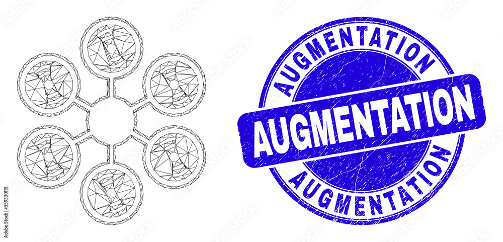Fototapeta premium Web carcass hexacopter icon and Augmentation seal stamp. Blue vector rounded distress seal stamp with Augmentation title. Abstract carcass mesh polygonal model created from hexacopter pictogram.