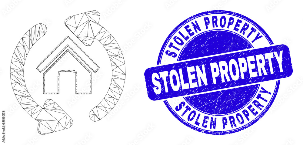 Web carcass home refresh arrows pictogram and Stolen Property seal stamp. Blue vector rounded distress stamp with Stolen Property title.