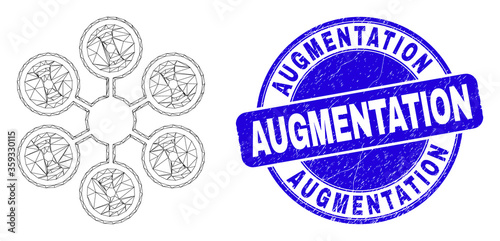 Web carcass hexacopter icon and Augmentation seal stamp. Blue vector rounded distress seal stamp with Augmentation title. Abstract carcass mesh polygonal model created from hexacopter pictogram.