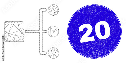 Web mesh hierarchy icon and 20 stamp. Blue vector round textured stamp with 20 phrase. Abstract frame mesh polygonal model created from hierarchy icon. Linear frame flat mesh in vector EPS format.