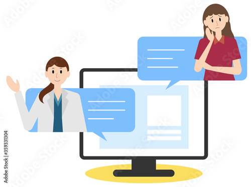 テレビ会議システムで医療相談する人々のイラスト