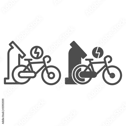 Electric bike charging point line and solid icon, outdoor sport concept, bicycle charging station sign on white background, self service bike point icon in outline style for mobile. Vector graphics.