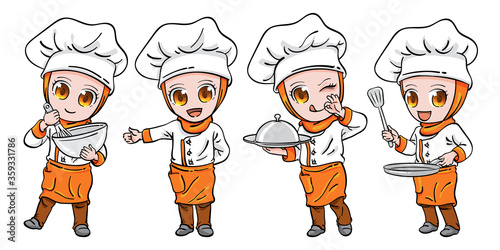 Female muslim chef holding an egg beater and a mixing bowl, in welcoming pose, carrying a serving plate with lid, showing tasty OK sign, holding a frying pan and a spatula. Drawn in cute chibi style.
