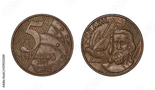 Five cents brazilian real coin, front and back faces