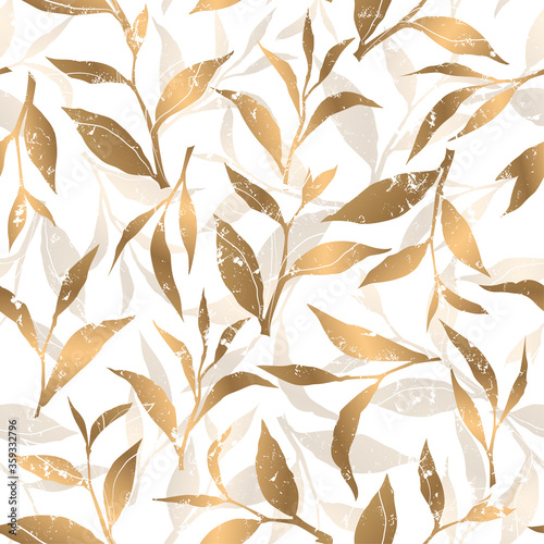 Seamless vector pattern with gold tea leaves isolated on white background. Floral design for greeting card, banner, packaging