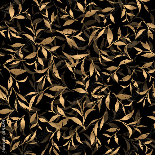 Seamless vector pattern with gold tea leaves on black background. Floral design for greeting card, banner, packaging