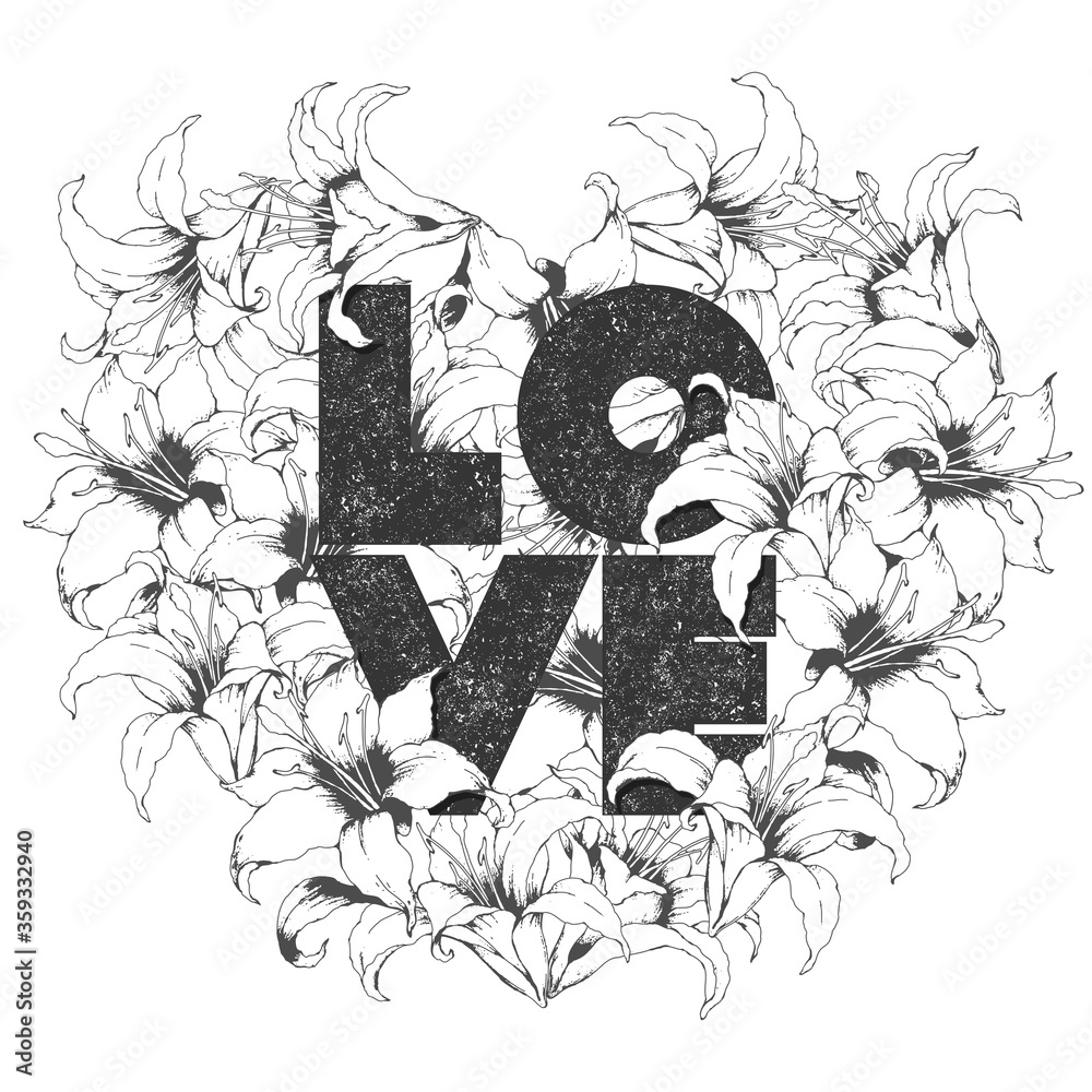 Vector floral card with heart shape made from hand drawn lilies and ...